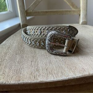 Vintage GUESS Rhinestone Studded Beige Belt with Silver Buckle
